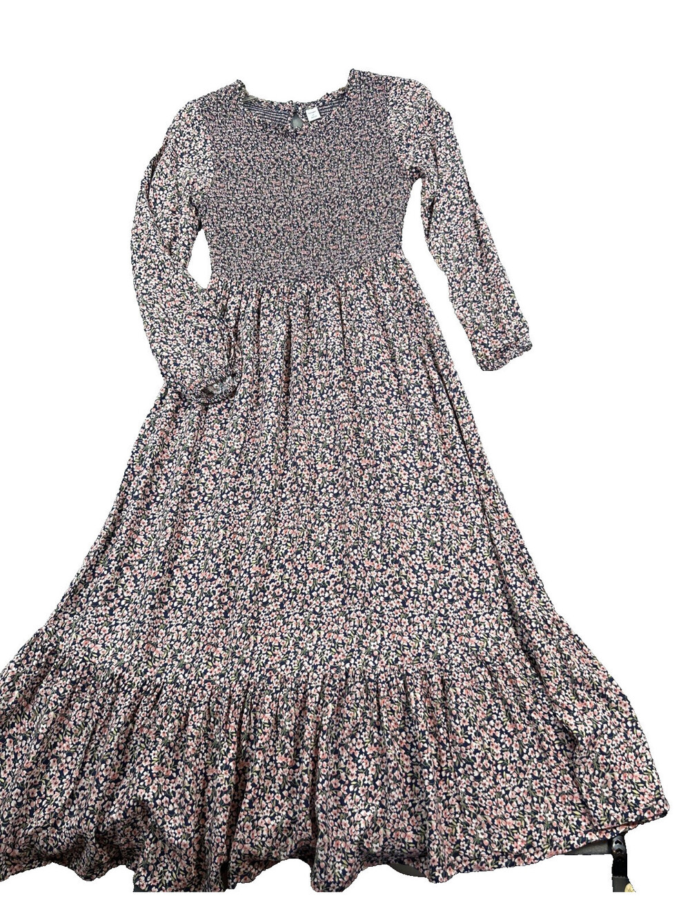 Old Navy Size XS Navy Blue Floral Long Sleeve Smocked Midi Peasant Cottage Dress